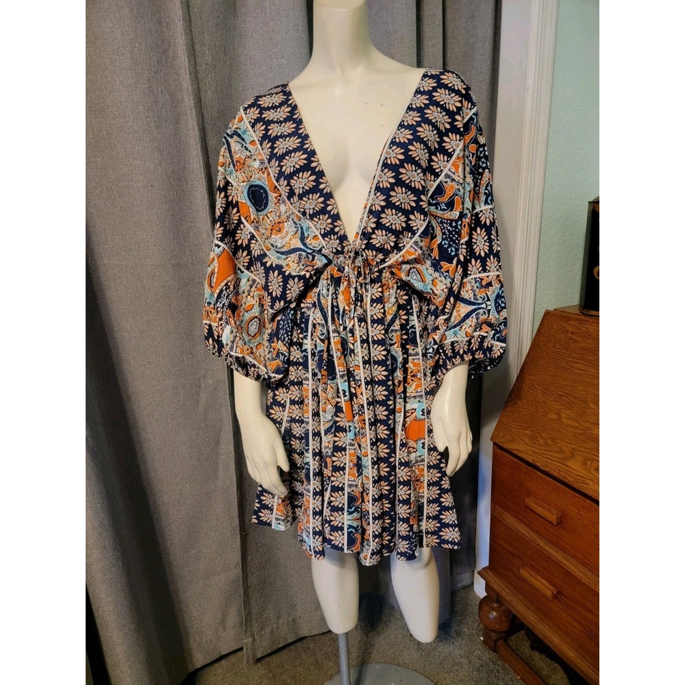 Boho Hippie Chic Fairy Plunge Neck Balloon Sleeve Flowy Skirt Midi Dress Sz L
